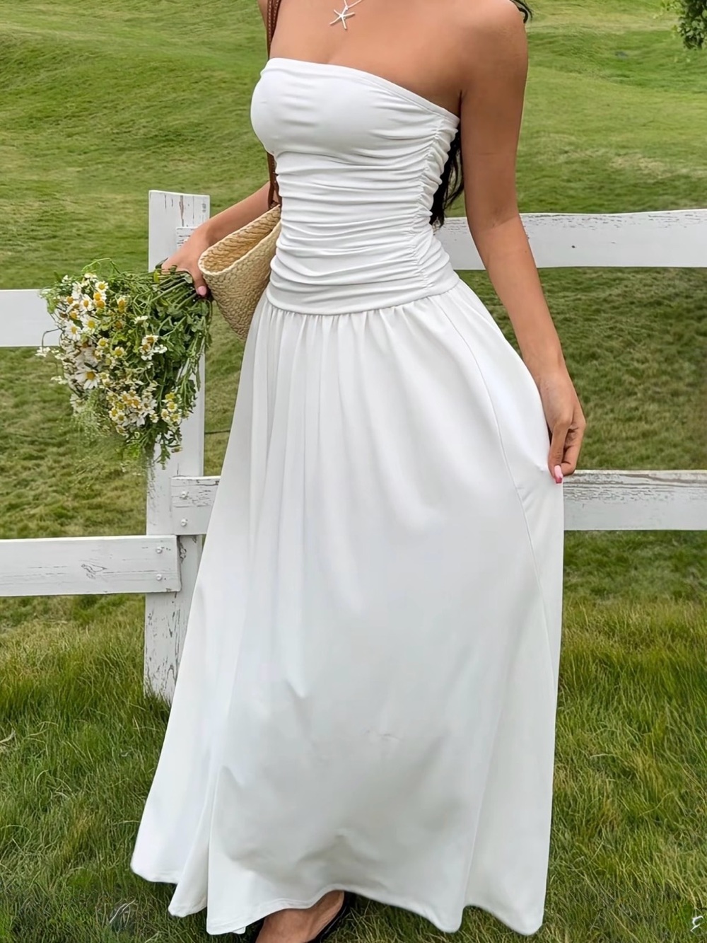 Strapless White Ruched Maxi Dress
